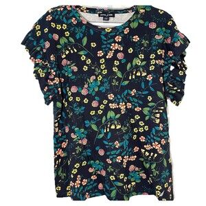Nautica Jeans Floral Ruffle Sleeve Top Navy Cotton Modal Women L